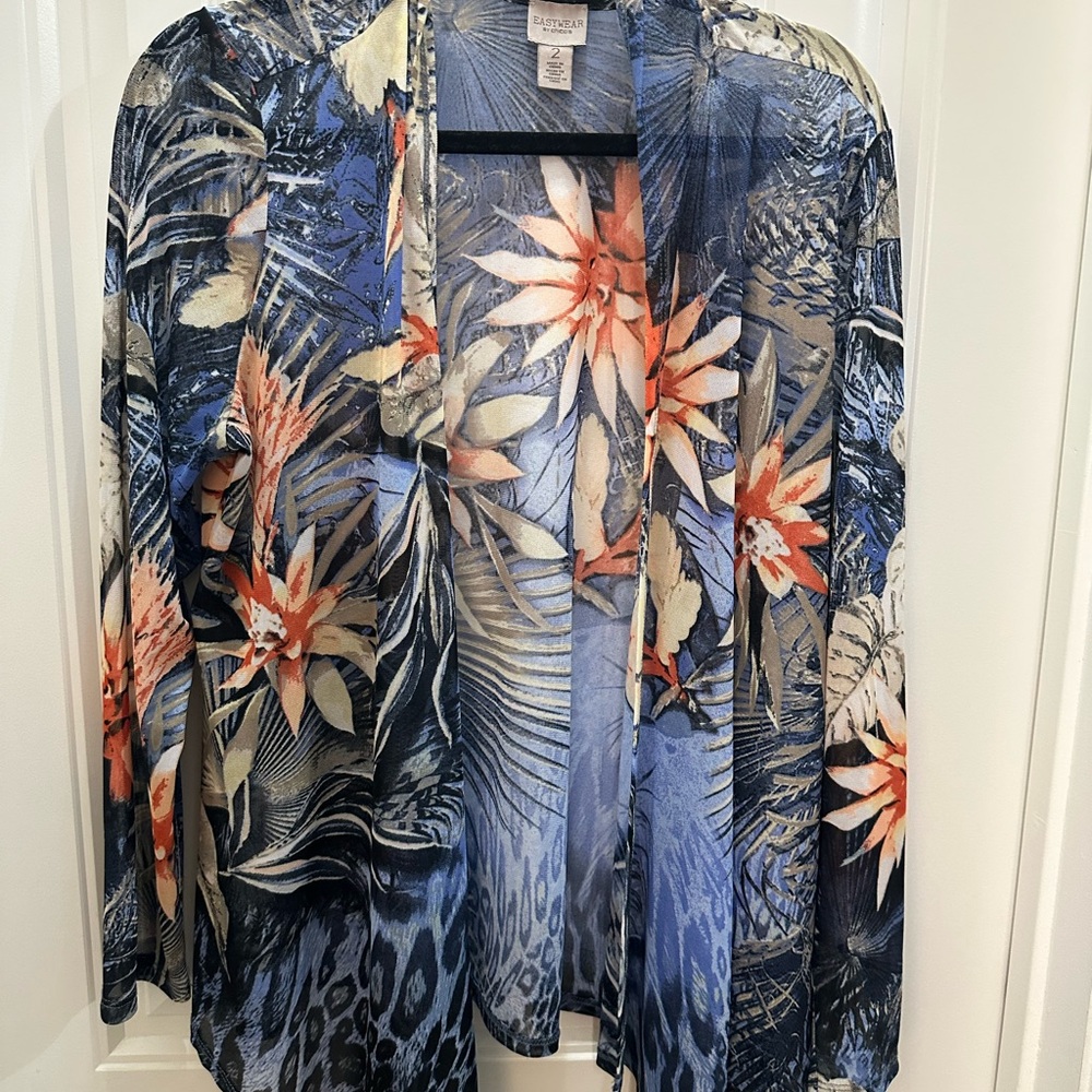 Chico's Easywear Blue tropical floral sheer kimono cardigan size 2 L/XL